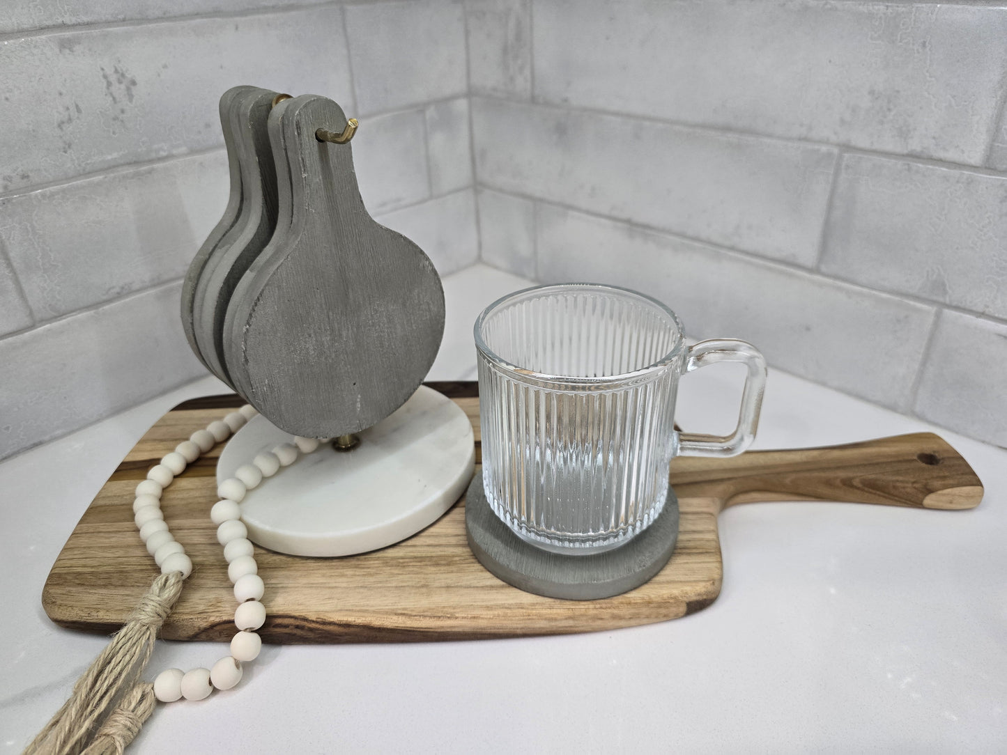 Gray Wooden Tag Coasters + Marble Stand